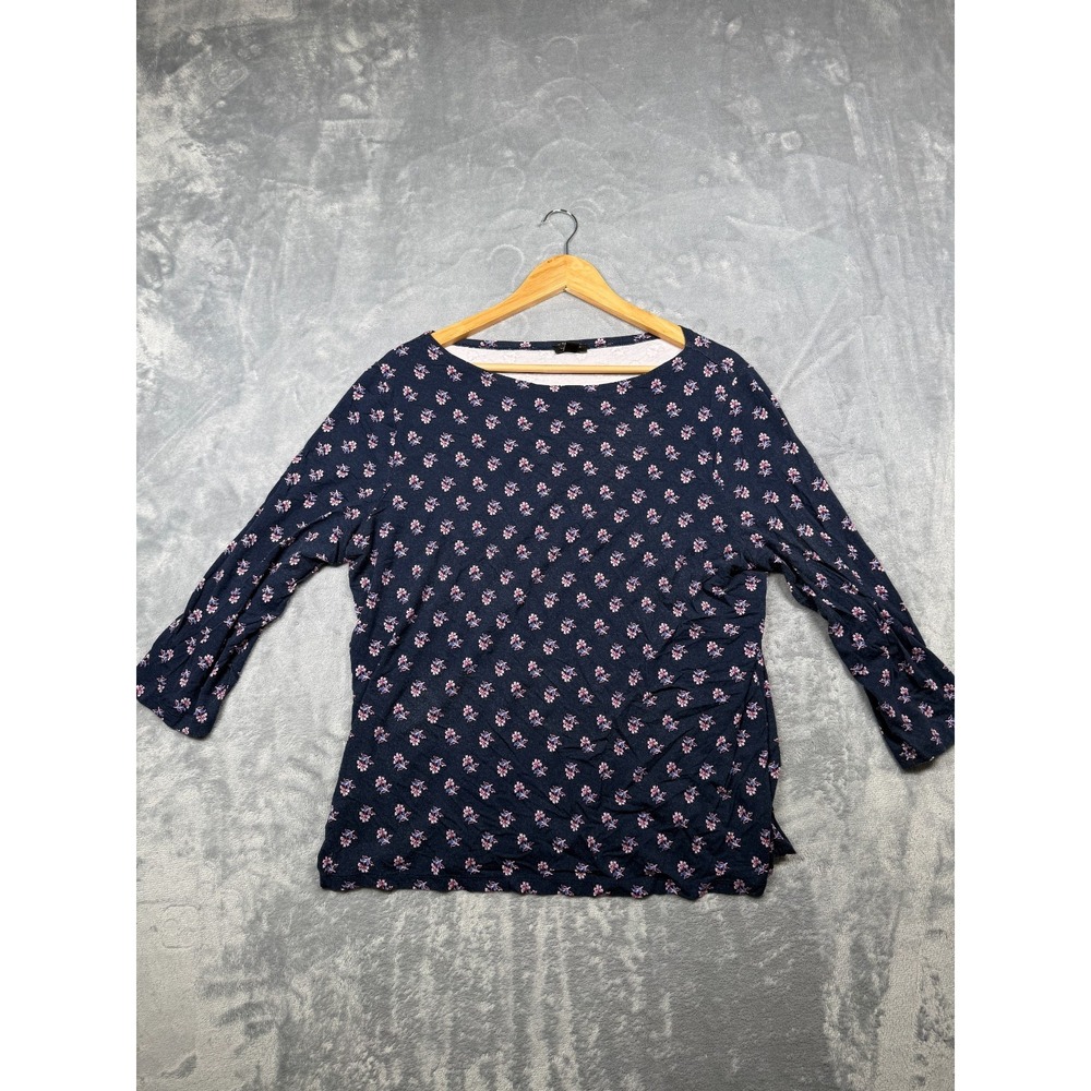 Ann Taylor Factory Blouse Womens XL Blue Stretch Floral Boat Neck 3/4 Sleeves